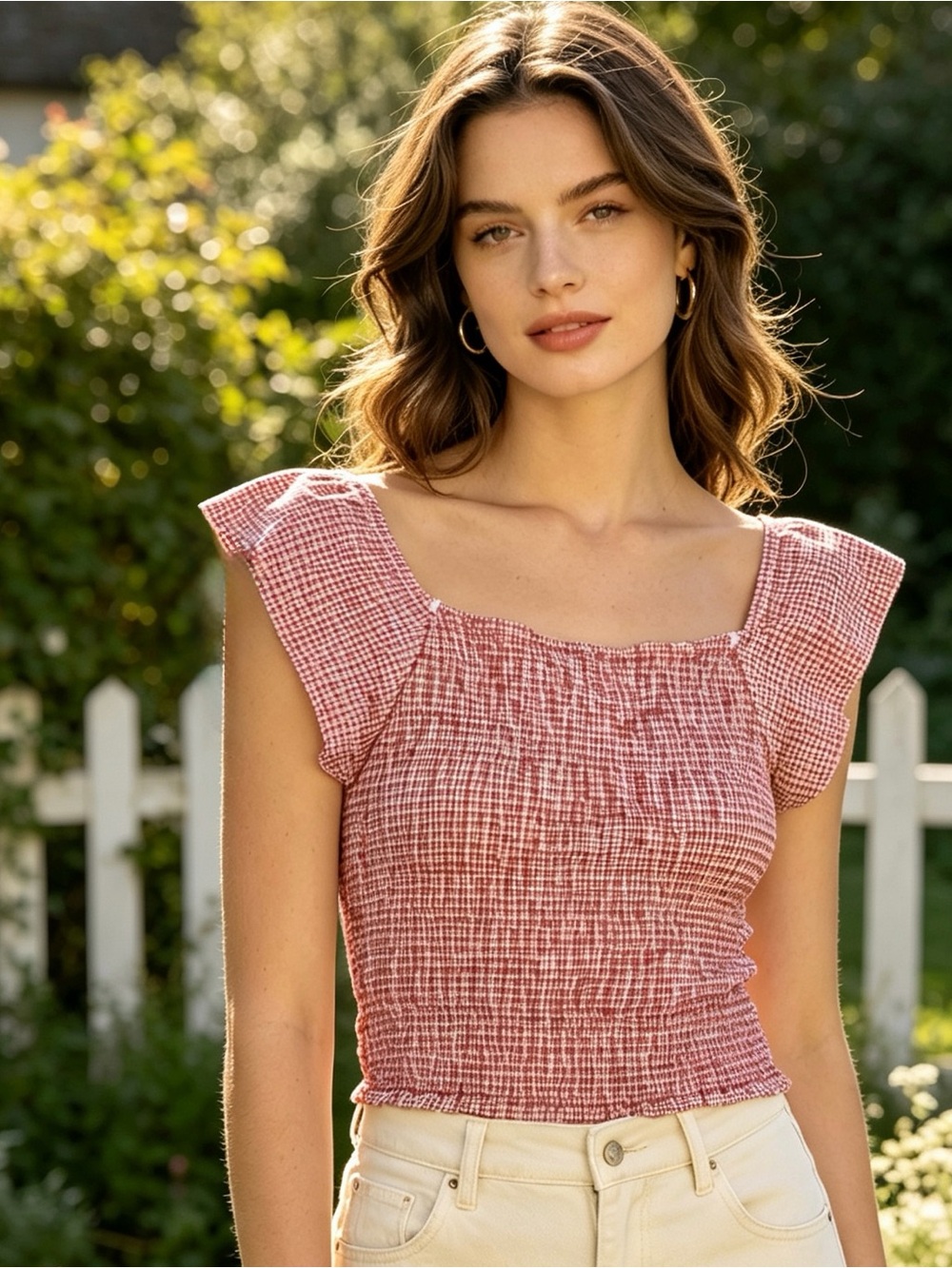 Nautica Jeans Co Red Gingham Square Neck Smocked Crop Top